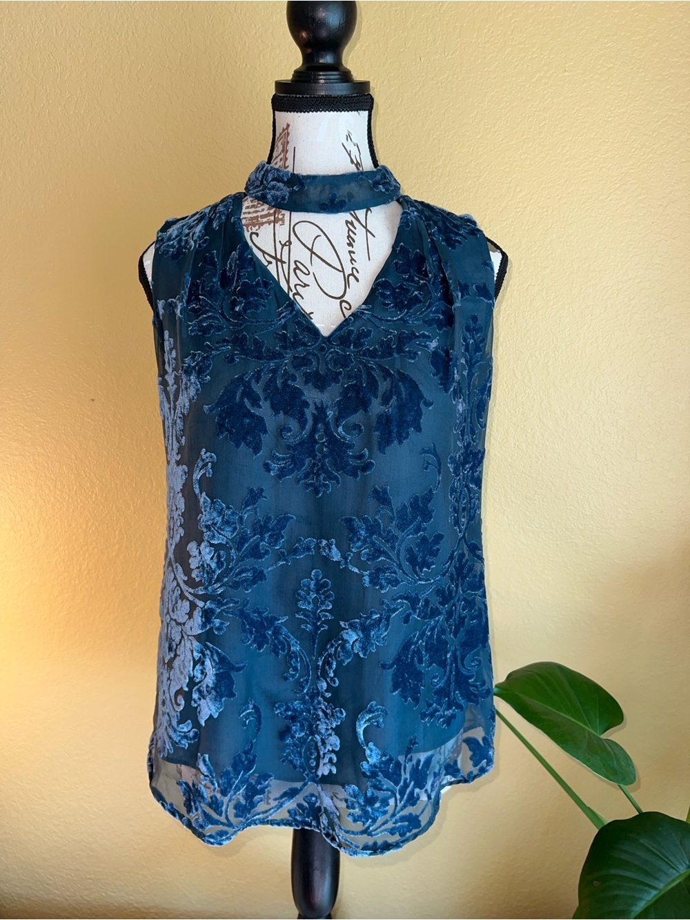 White House Black Market Teal Velvet Burnout Mock Neck Sleeveless Top
